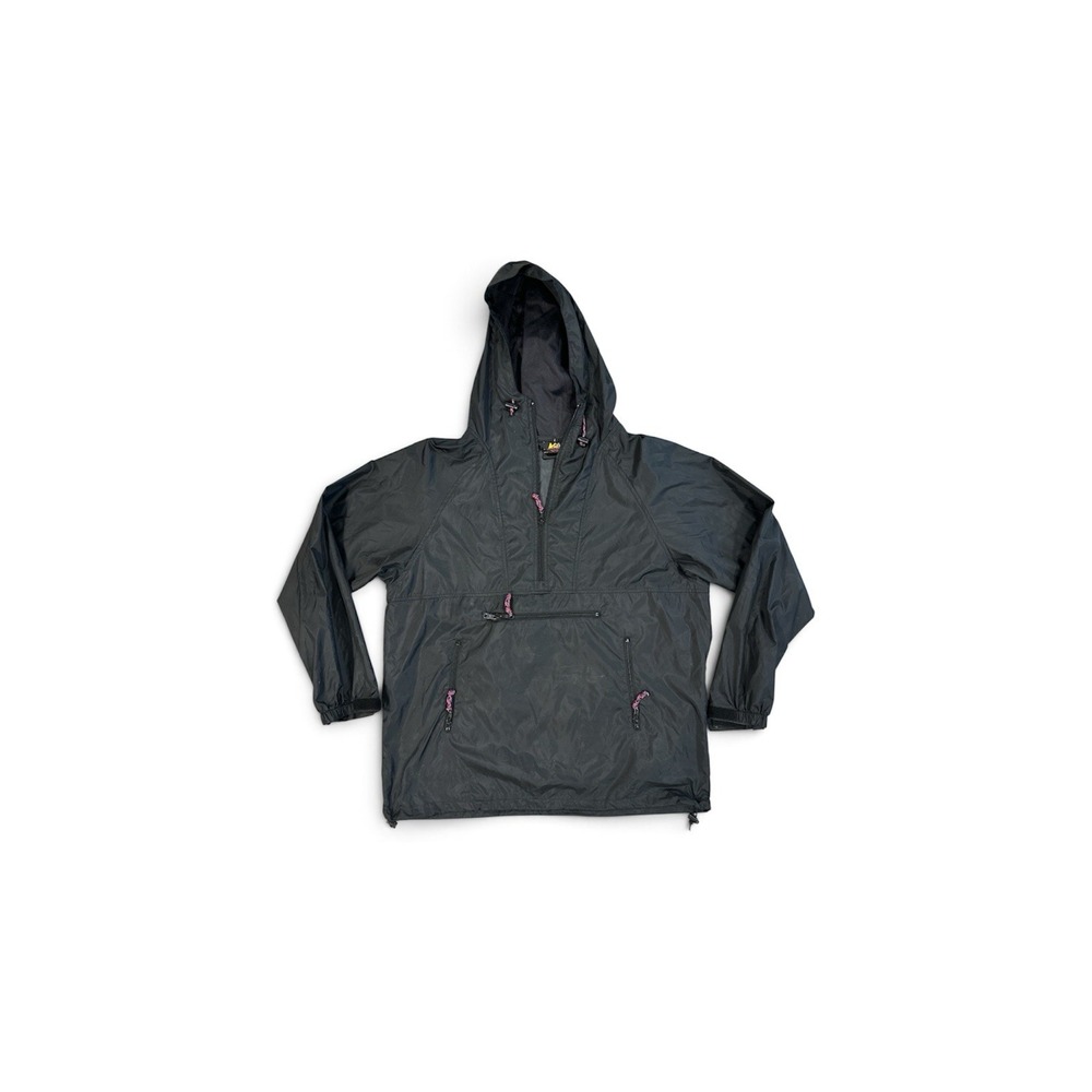 REI Windbreaker Jacket Black Men Sz L Packable Pullover Nylon 90s Multi-Zip Hood